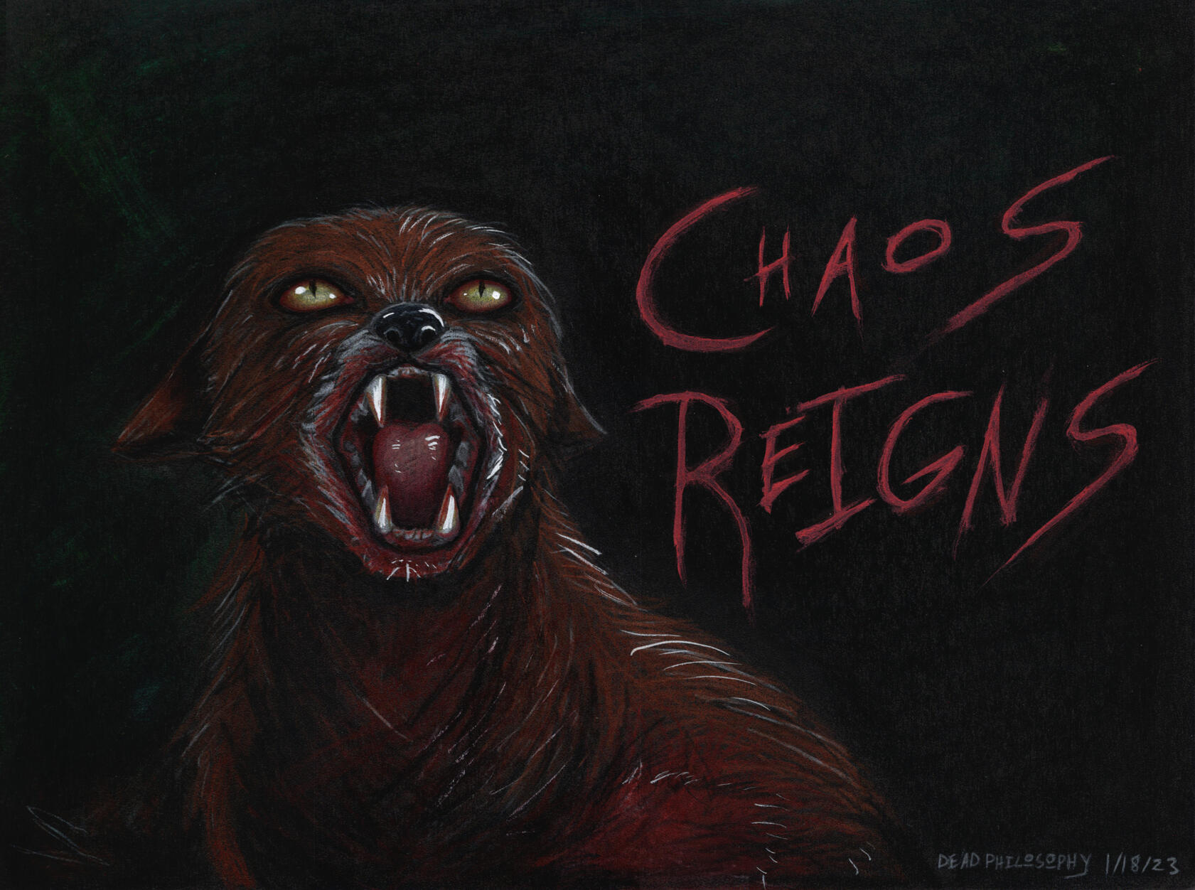 "Chaos Reigns (Antichrist Fox)" - colored pencil and acrylic on paper